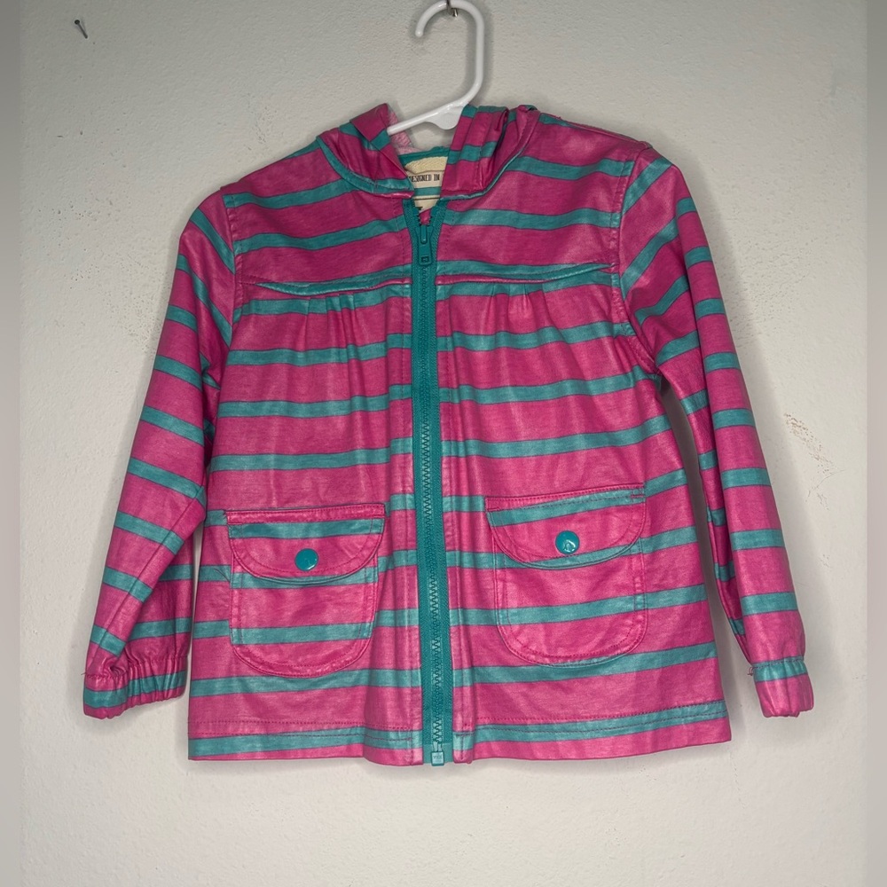 HATLEY STRIPED NEON HOODED ZIP UP RAINCOAT SZ 2